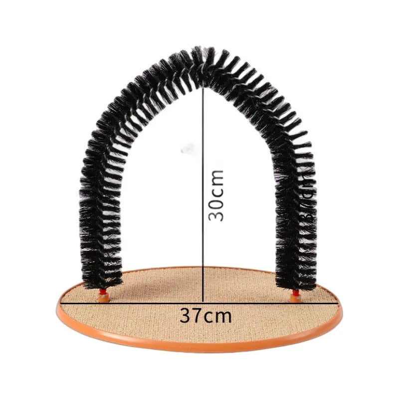 Black plastic arch-shaped cat grooming brush and scratching post with attached mouse toy