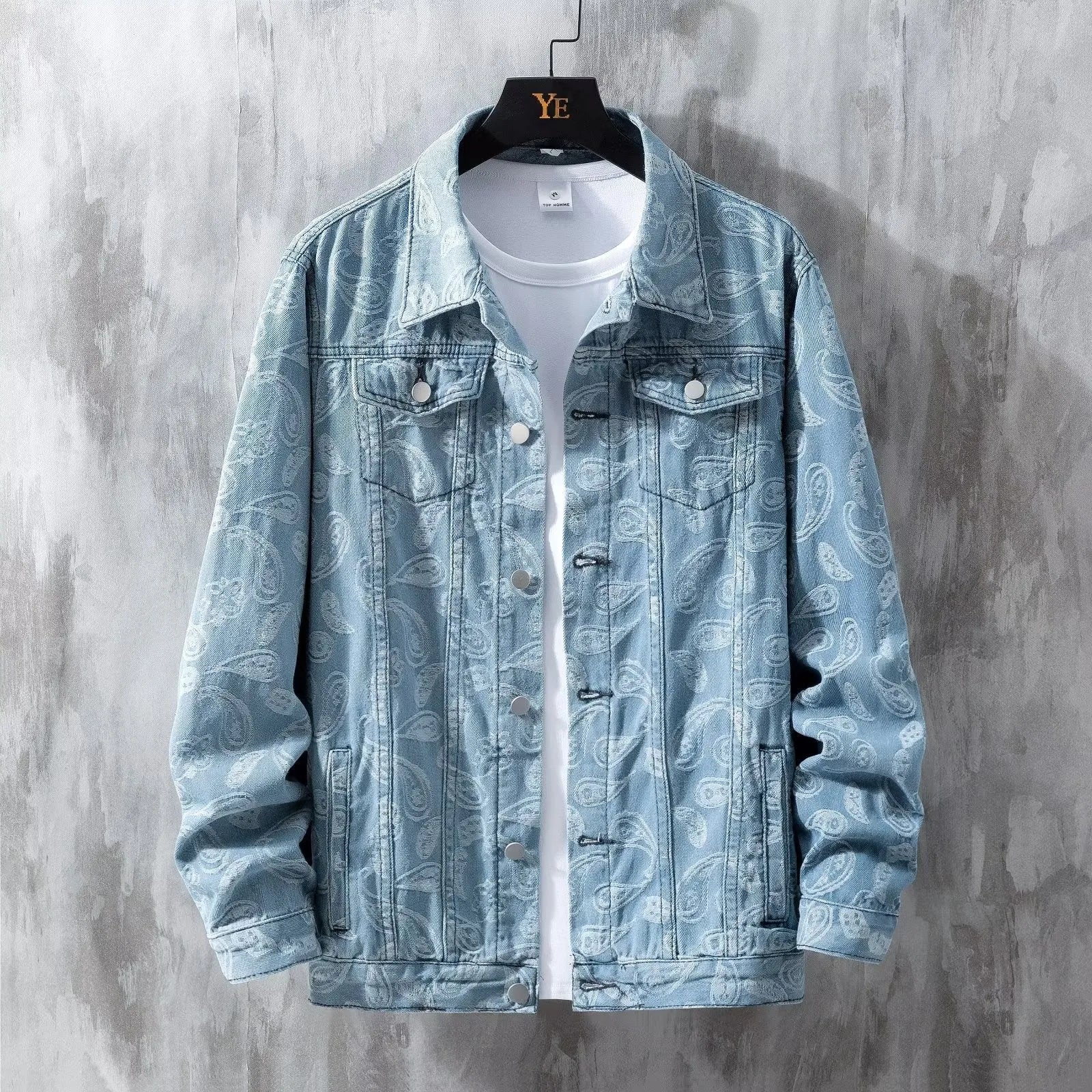 Men's slim fit cotton denim coat with drawstring waist and patch pockets