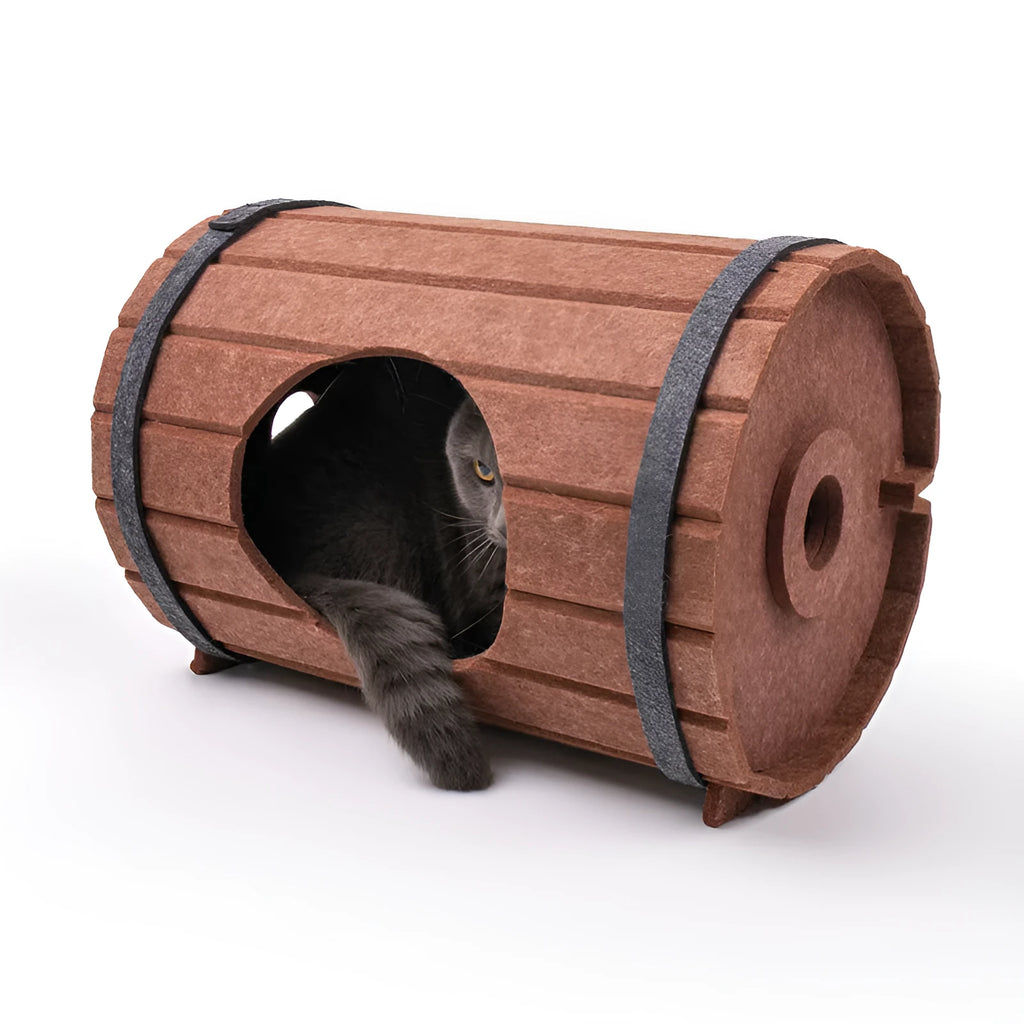 Wine barrel shaped cat bed assembled from three felt pieces with polyester fibre filling