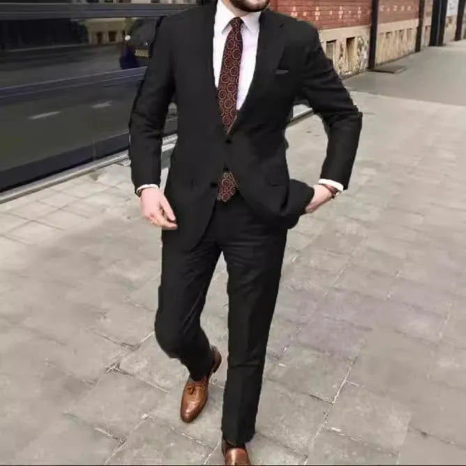 Men's slim fit two-button acetate business suit in light purple, showing jacket and trousers.