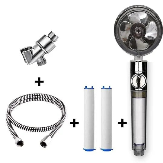 Blue handheld shower head with stop button and turbo nozzle on a chrome bracket.