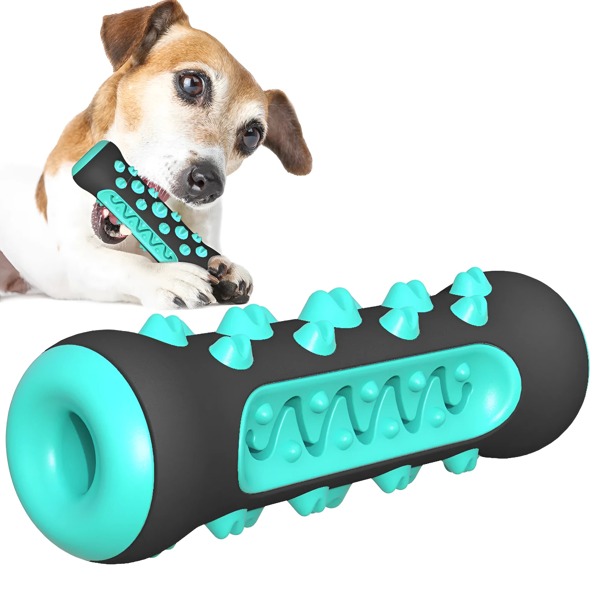 Natural rubber dog dental chew toy in blue, shown as a toothbrush-shaped stick for teeth cleaning.