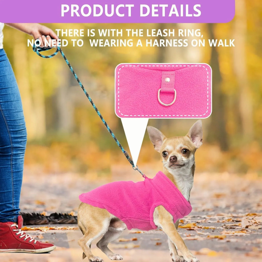 Two warm fleece dog sweaters with D-ring for leash attachment, suitable for small breeds in autumn and winter