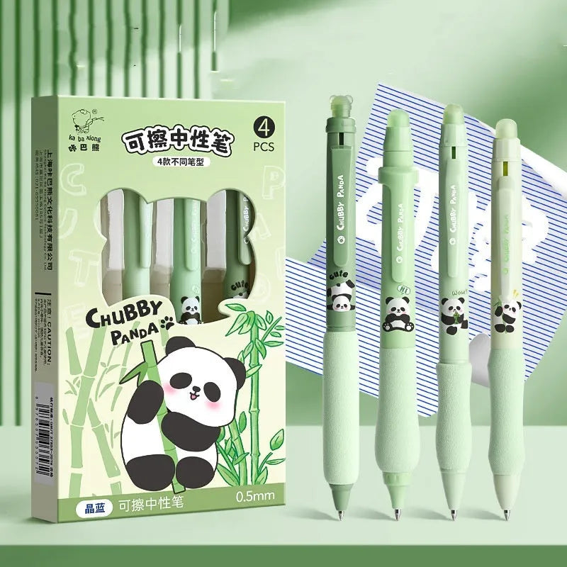 Erasable cartoon press gel pen with 0.5mm tip showing Aerospace and Panda design options.