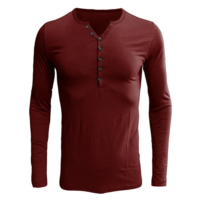 Blue men's long sleeve cotton blend T-shirt with a Henry neck on a hanger.