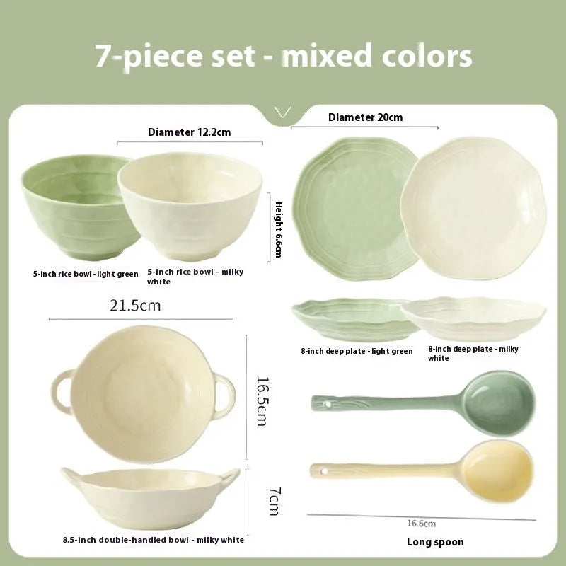 Solid colour ceramic dinnerware set with plates and bowls in modern Japanese minimalist style.