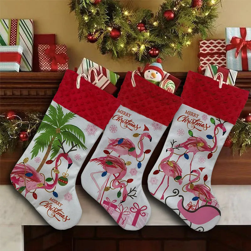 Large flamingo-patterned red Christmas stocking hanging decoration measuring 46 by 28 centimetres