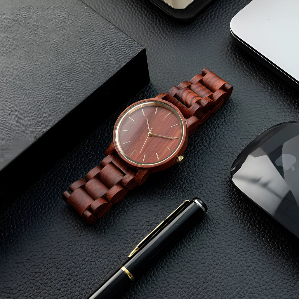 45mm wooden quartz watch with sandalwood strap, pointer display, 11mm thick, daily waterproof, casual style