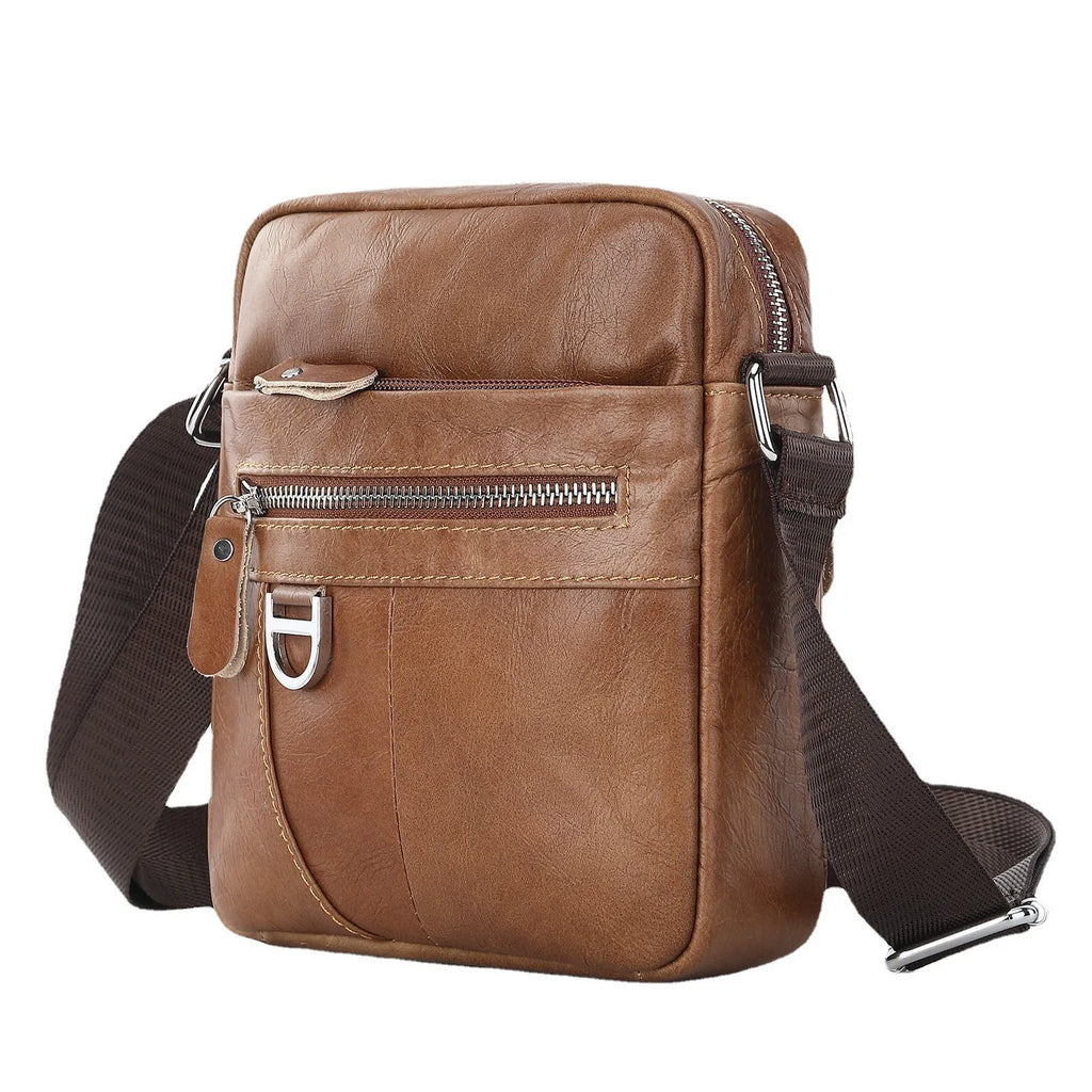 Black genuine leather crossbody messenger bag for boys with sewing line detail showing 8 inch size