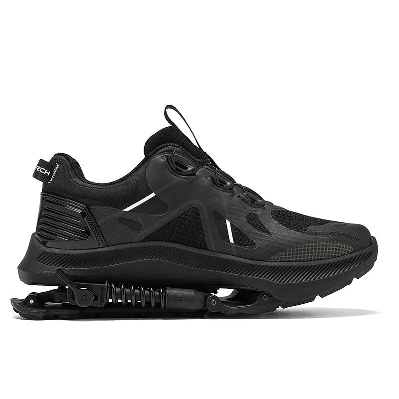 Black unisex running shoes with mesh upper, buckle fastening, and a textured rubber EVA sole.
