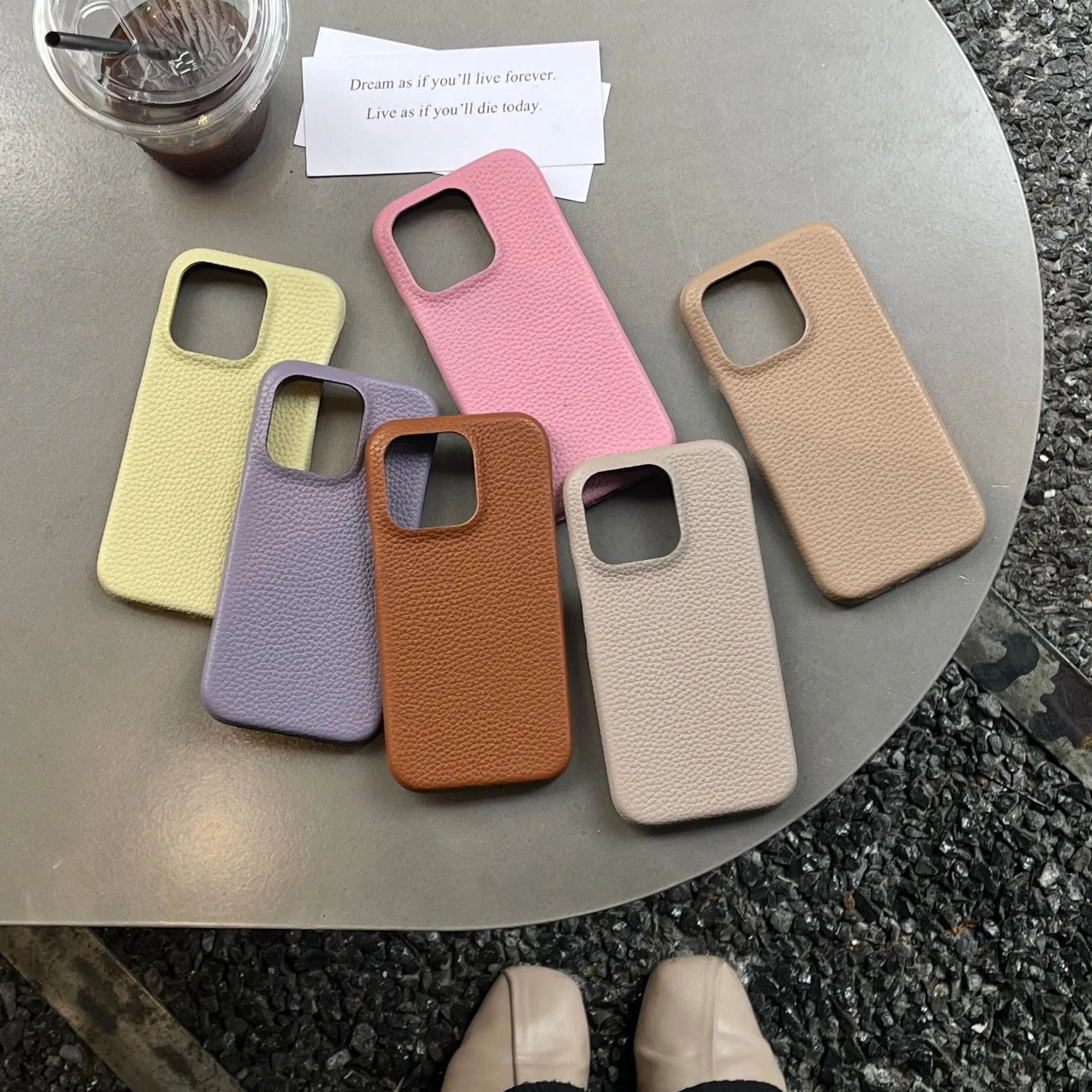 Solid colour leather phone case for iPhone in caramel shade with fall protection ins style