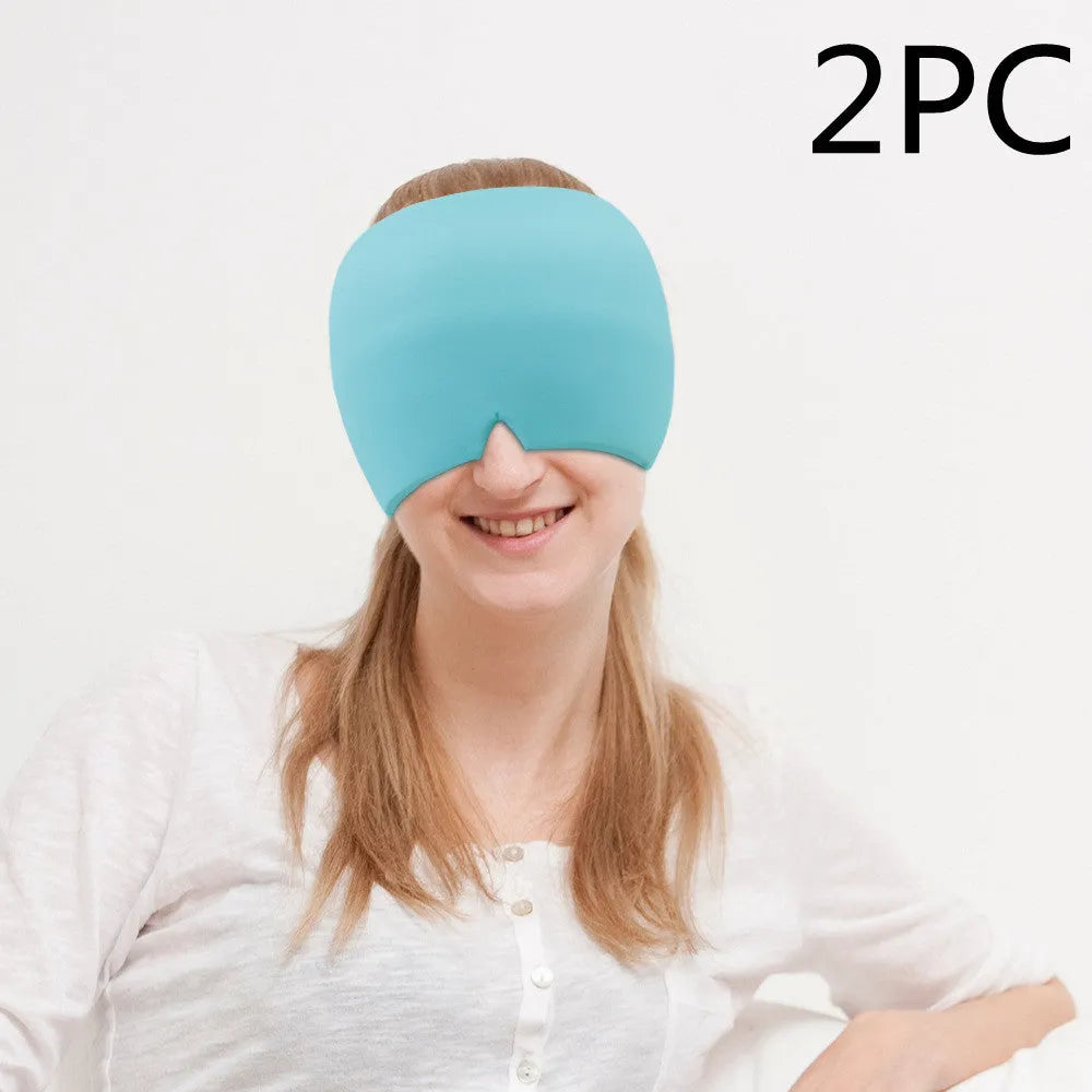 Black cooling gel eye mask for headache relief on a white background.