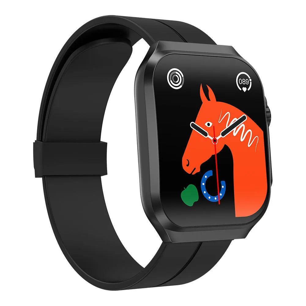 Smart watch with 3D curved AMOLED screen in black, blue, and silver colour options on wrist