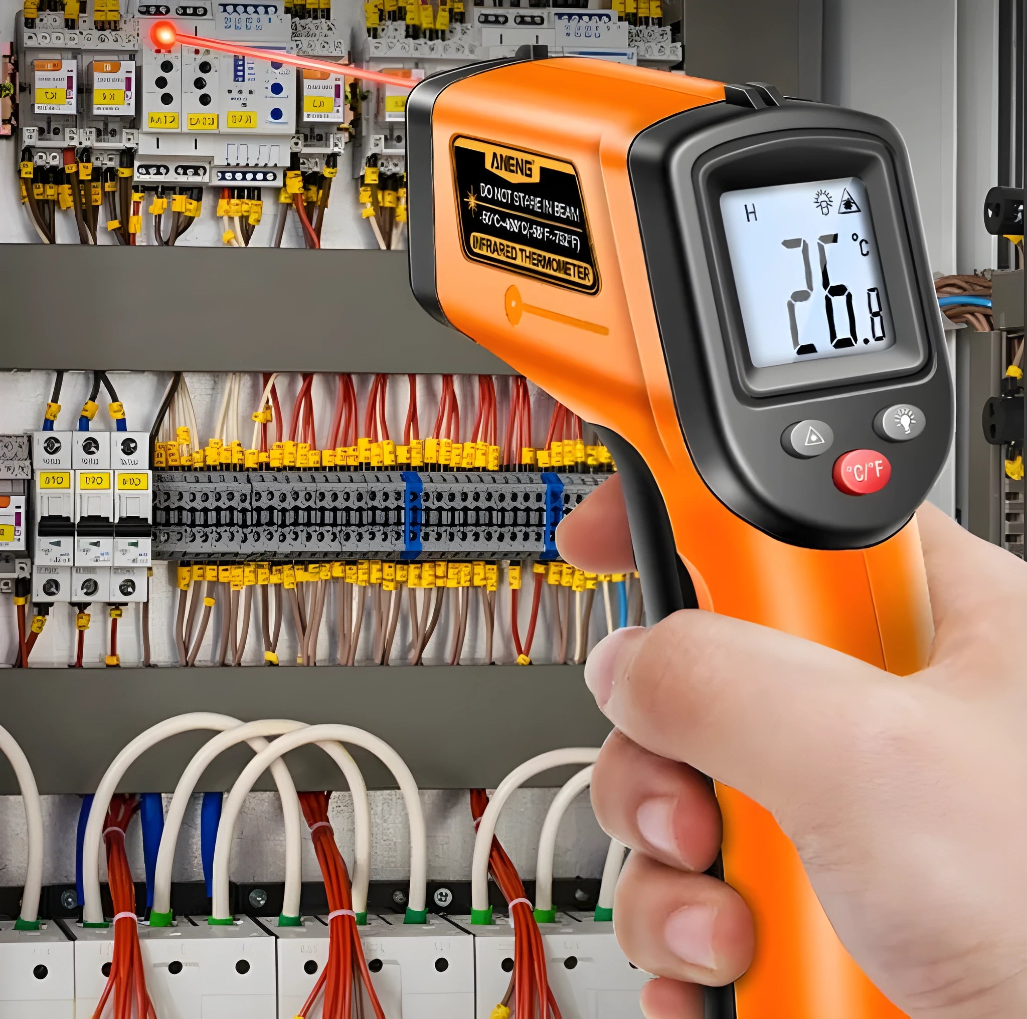 High precision infrared thermometer for industrial use, black colour, with trigger and display