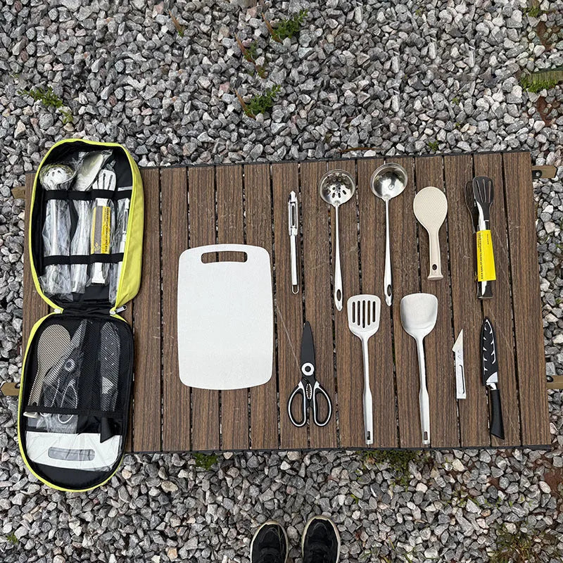 Khaki portable picnic bag unrolled to show 12 stainless steel cutlery pieces.