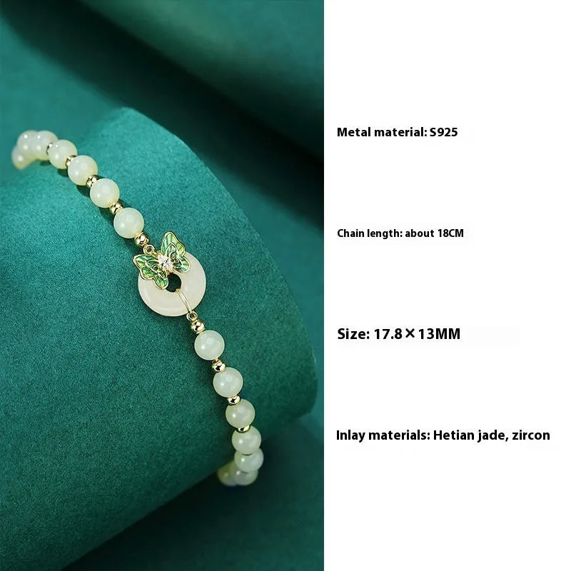 Women's Hetian jade bracelet with butterfly sterling silver inlay and cyan coloured 6mm beads