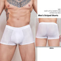 Men's striped underwear in thin transparent nylon fabric, shown in black, white, and dark grey colours.