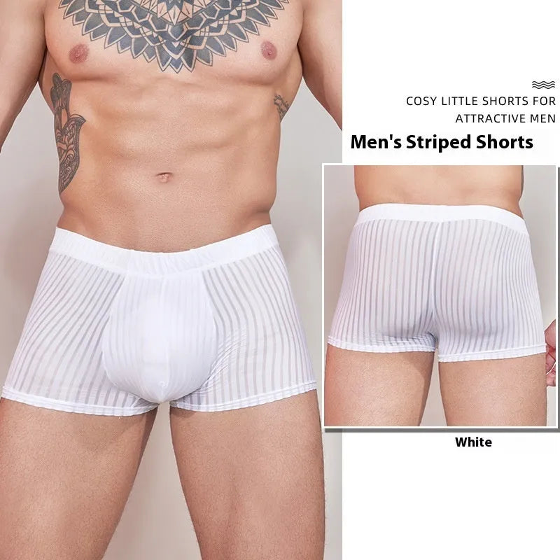 Men's striped underwear in thin transparent nylon fabric, shown in black, white, and dark grey colours.