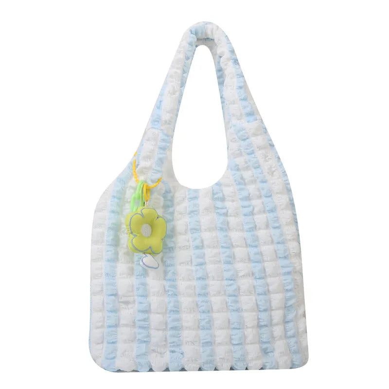 Women's pleated bubble crossbody bag in soft polyester with pendant accessory in vertical square design