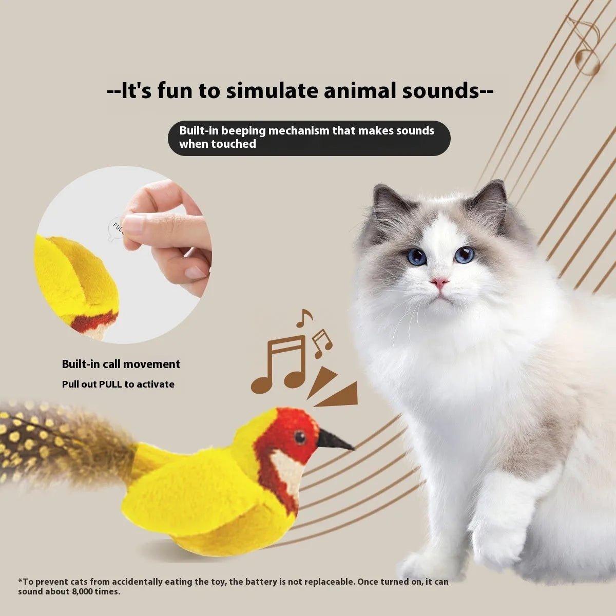 Bird simulation cat toy showing colourful plush bird designs including blue kingfisher and sparrow variants