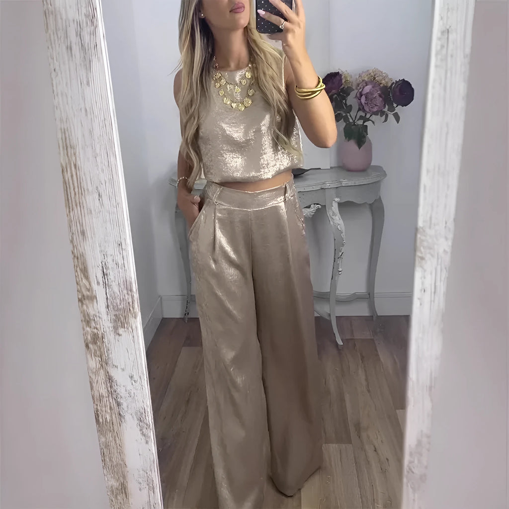 Women's gold polyester sleeveless vest and high-waisted pants casual two-piece set with button detail