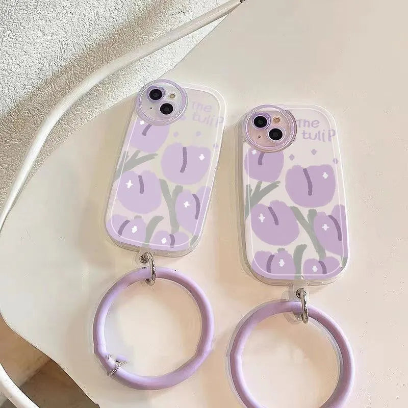Purple tulip transparent phone case with heart lens design and matching bracelet for iPhone