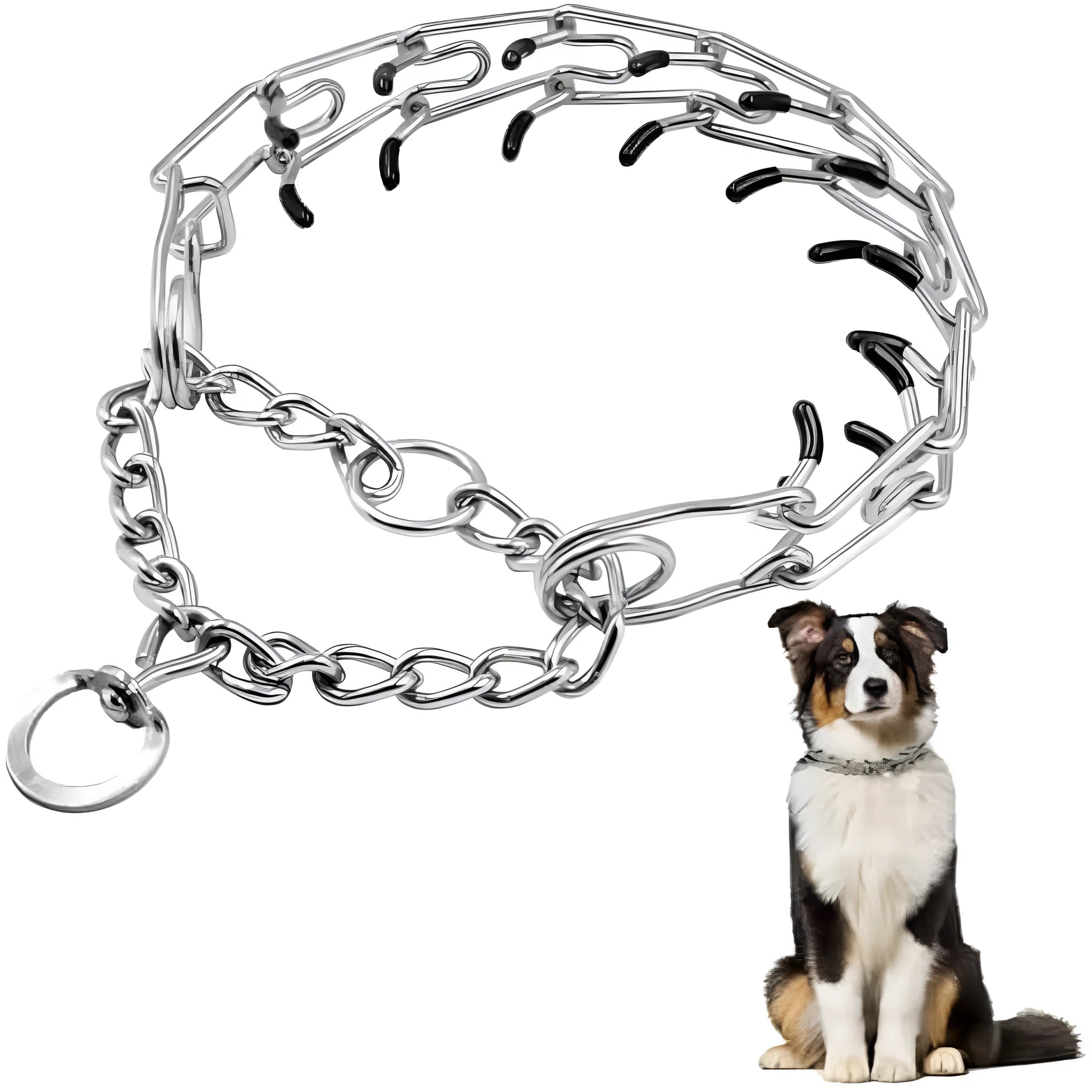 Stainless steel dog prong training collar with rubber tips in adjustable sizes for medium and small dogs