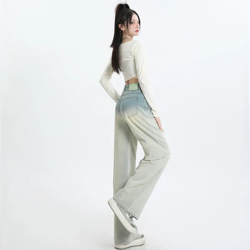 Women's gradient blue wide-leg straight-leg cotton denim trousers on a hanger.