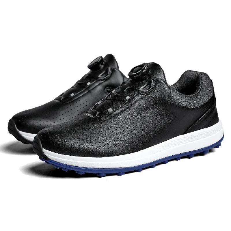 Men's white and black golf shoes with broken nail pattern soles and breathable design