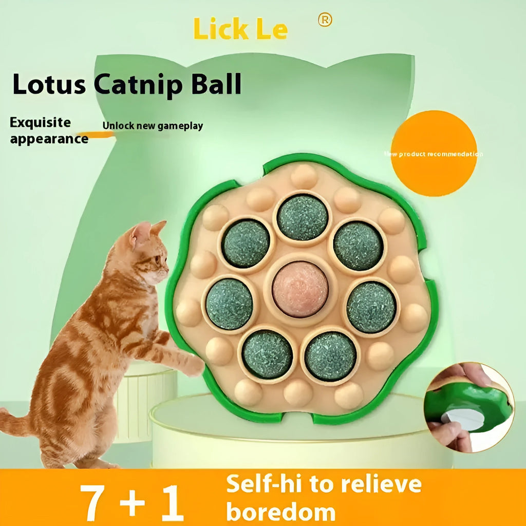 Green wall-sticking catnip ball with edible filling for indoor feline play and dental care