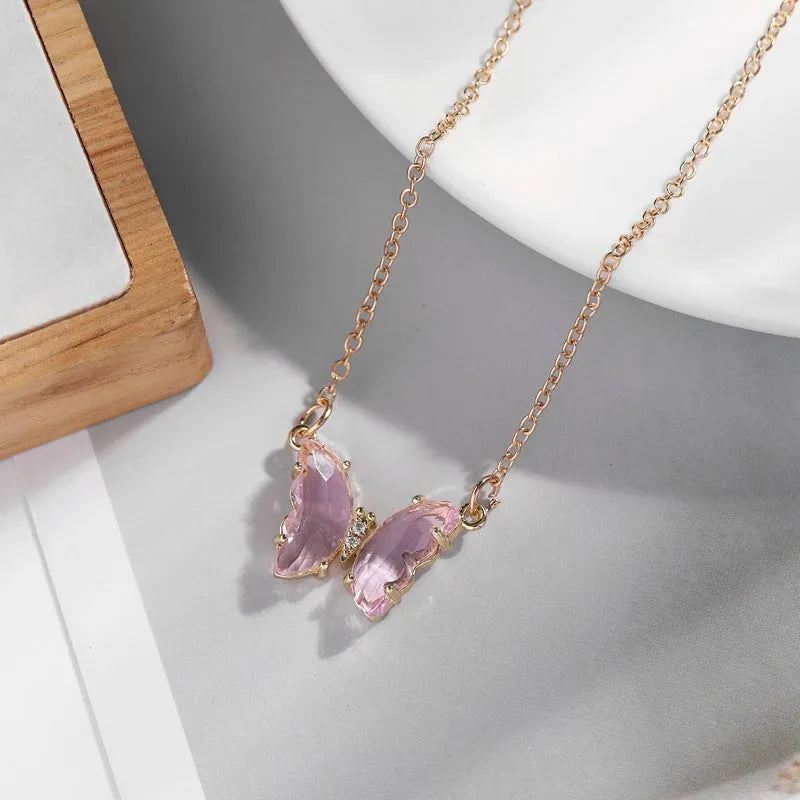 Crystal glass butterfly pendant necklace on water wave chain in blue colour, adjustable 51-80cm