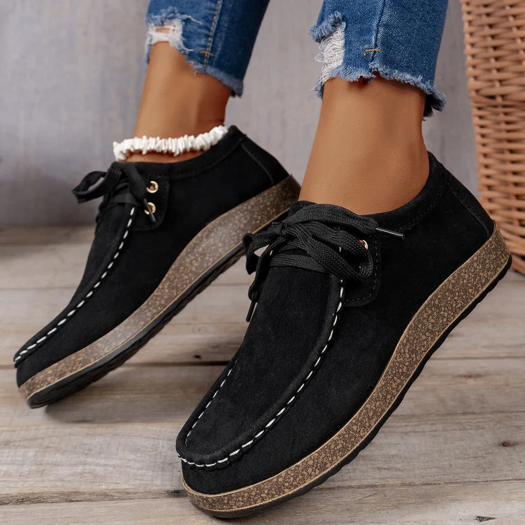 Solid colour black front lace-up round toe PU leisure shoes for women, flat thin sole