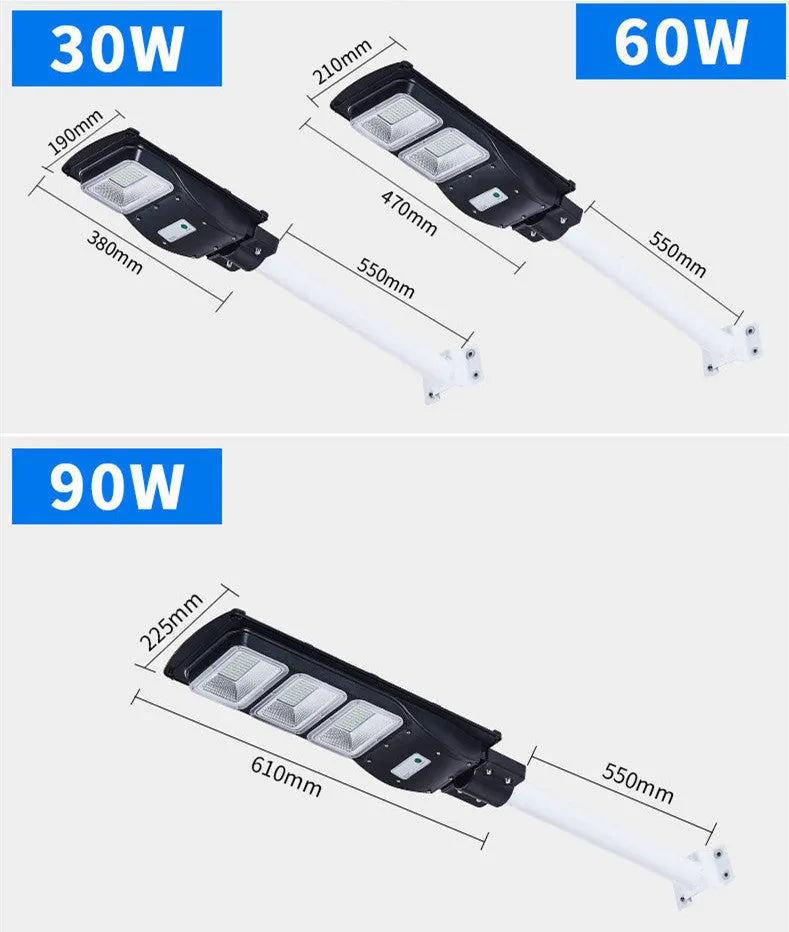 Integrated solar-powered 60W LED street light unit for outdoor installation.