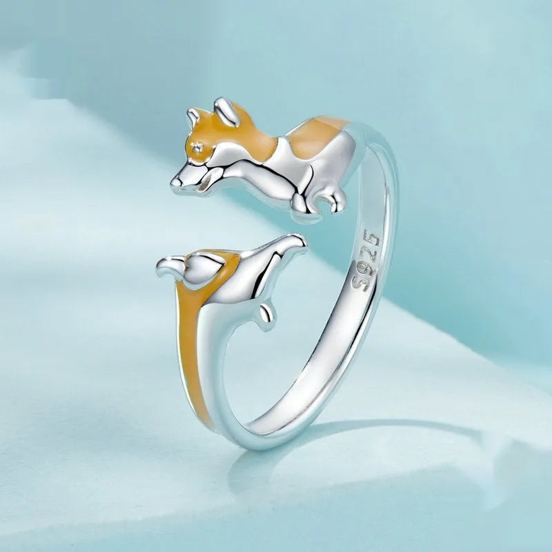 Adjustable silver electroplated ring with cartoon corgi dog design