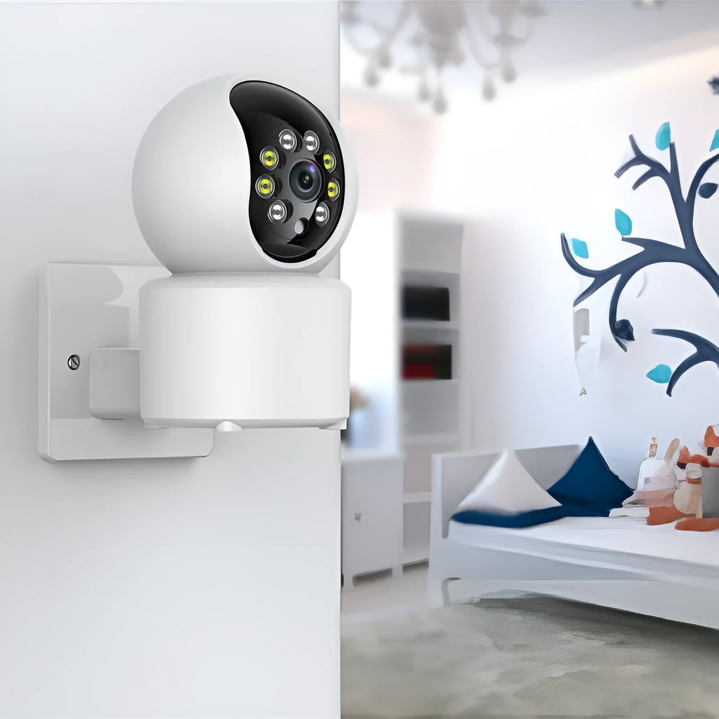 White wireless indoor 360-degree smart security camera on a stand for home monitoring.
