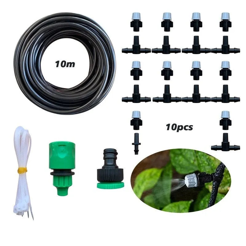 10 metre long garden misting hose with 10 spray nozzles for irrigation and cooling