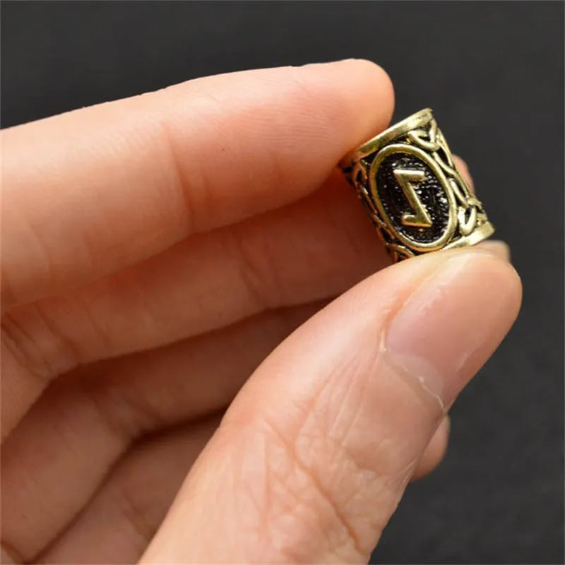Set of 24 alloy Viking rune beard beads in antique silver, bronze, and red brass finishes, 13x10mm with 6mm inner diameter