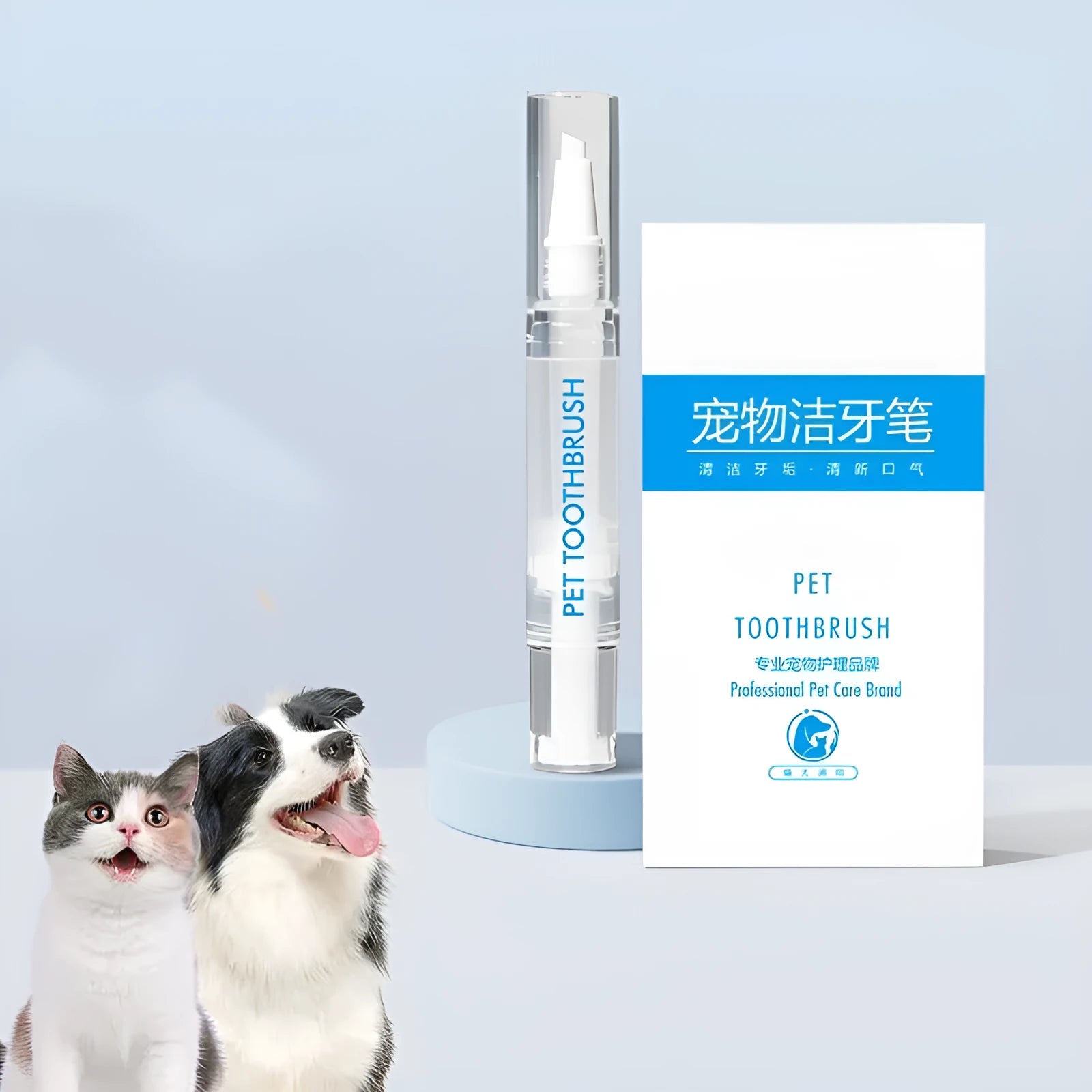 Plastic dog toothbrush pen with integrated toothpaste reservoir for dental cleaning