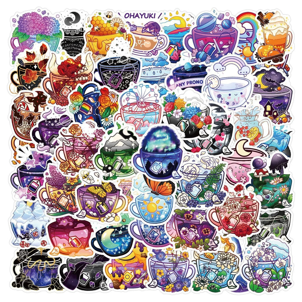 Pack of 50 colourful tea cup graffiti design vinyl stickers for scooters and luggage.