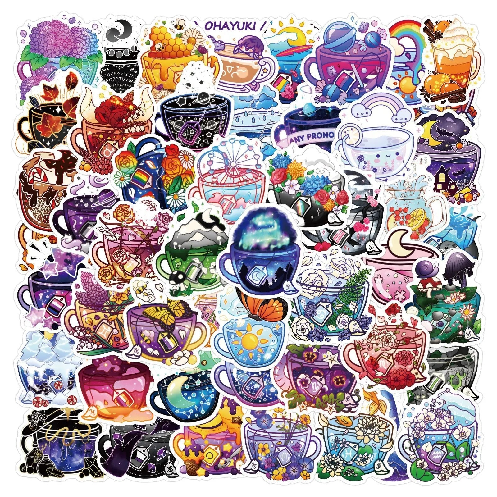 Pack of 50 colourful tea cup graffiti design vinyl stickers for scooters and luggage.