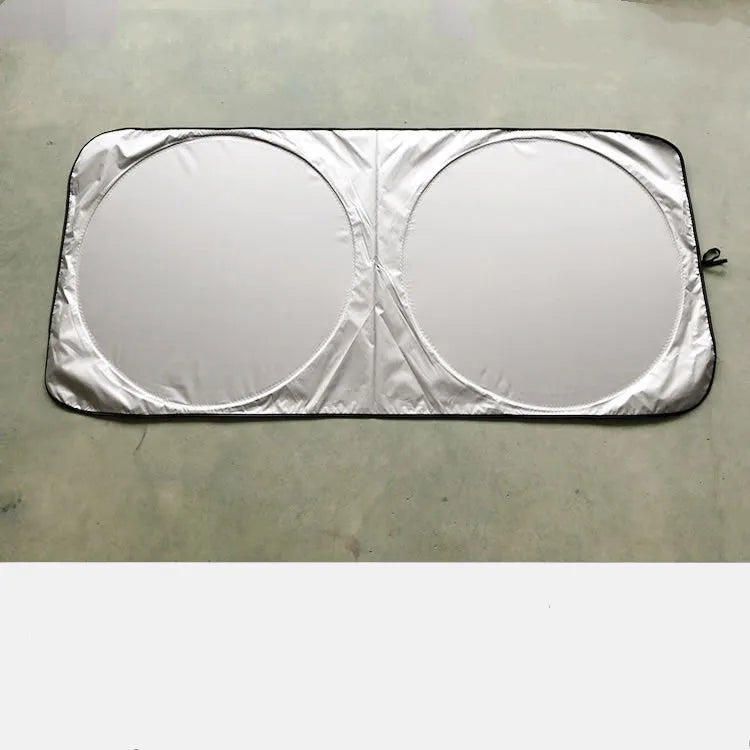 Silver universal car sunshade measuring 190 by 90 cm with cloth storage bag