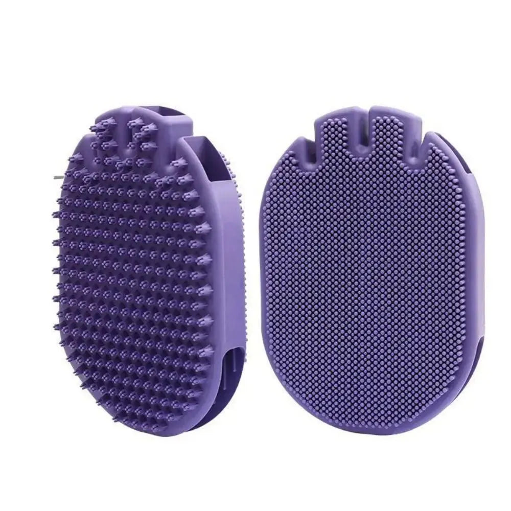 Purple dual-sided pet massage shampoo brush with soft TPR bristles for dog and cat grooming
