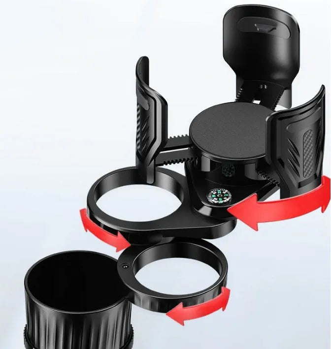 Black retractable car cup holder with adjustable base on a flat surface
