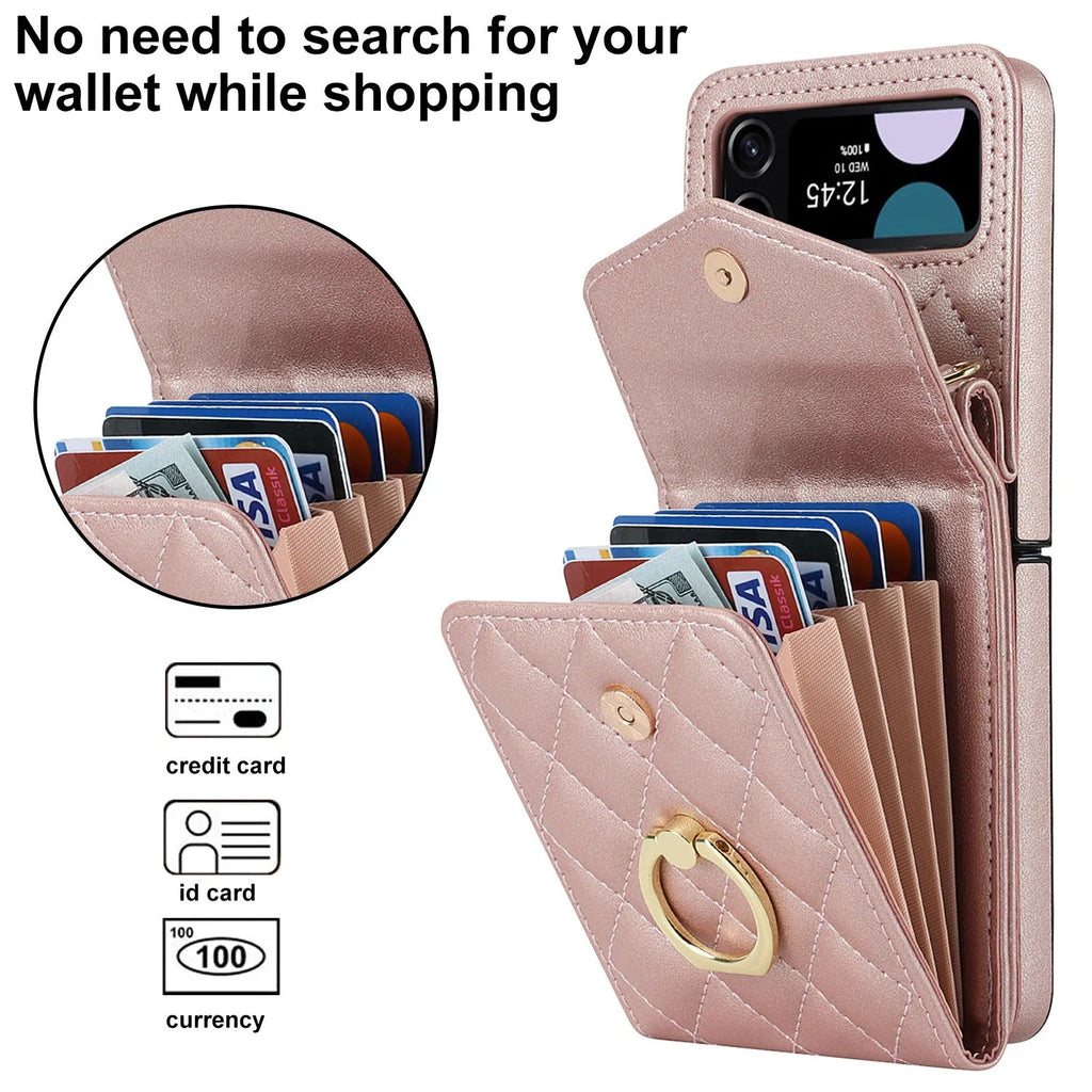 Crossbody folding ring phone case for Samsung Galaxy Z Flip in black, white, red, light purple, mint green, and rose gold, PU TPU drop-resistant leather-style cover