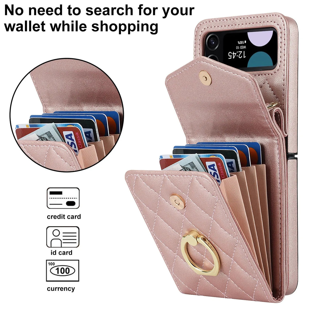 Crossbody folding ring phone case for Samsung Galaxy Z Flip in black, white, red, light purple, mint green, and rose gold, PU TPU drop-resistant leather-style cover