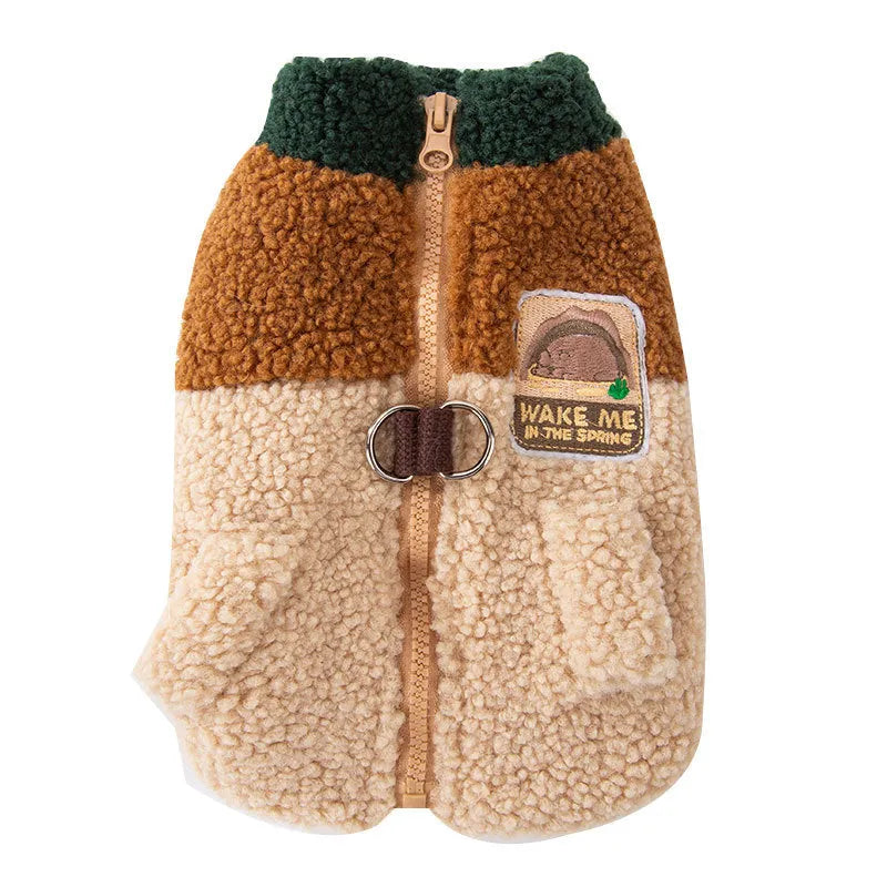 Color-block pet fleece jacket with squirrel patch in green brown beige for small dogs