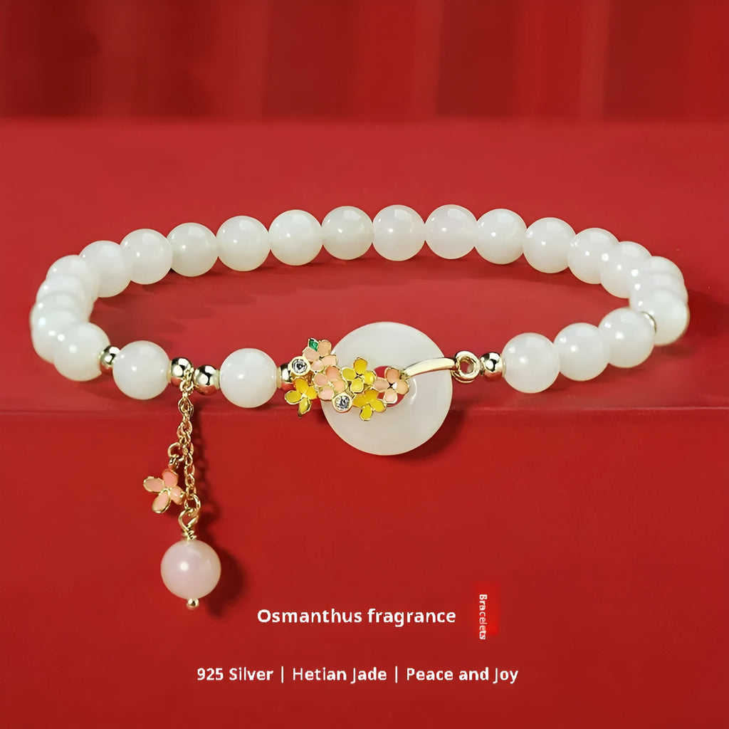 Osmanthus style bracelet with 6mm natural Hetian jade bead and S925 sterling silver buckle