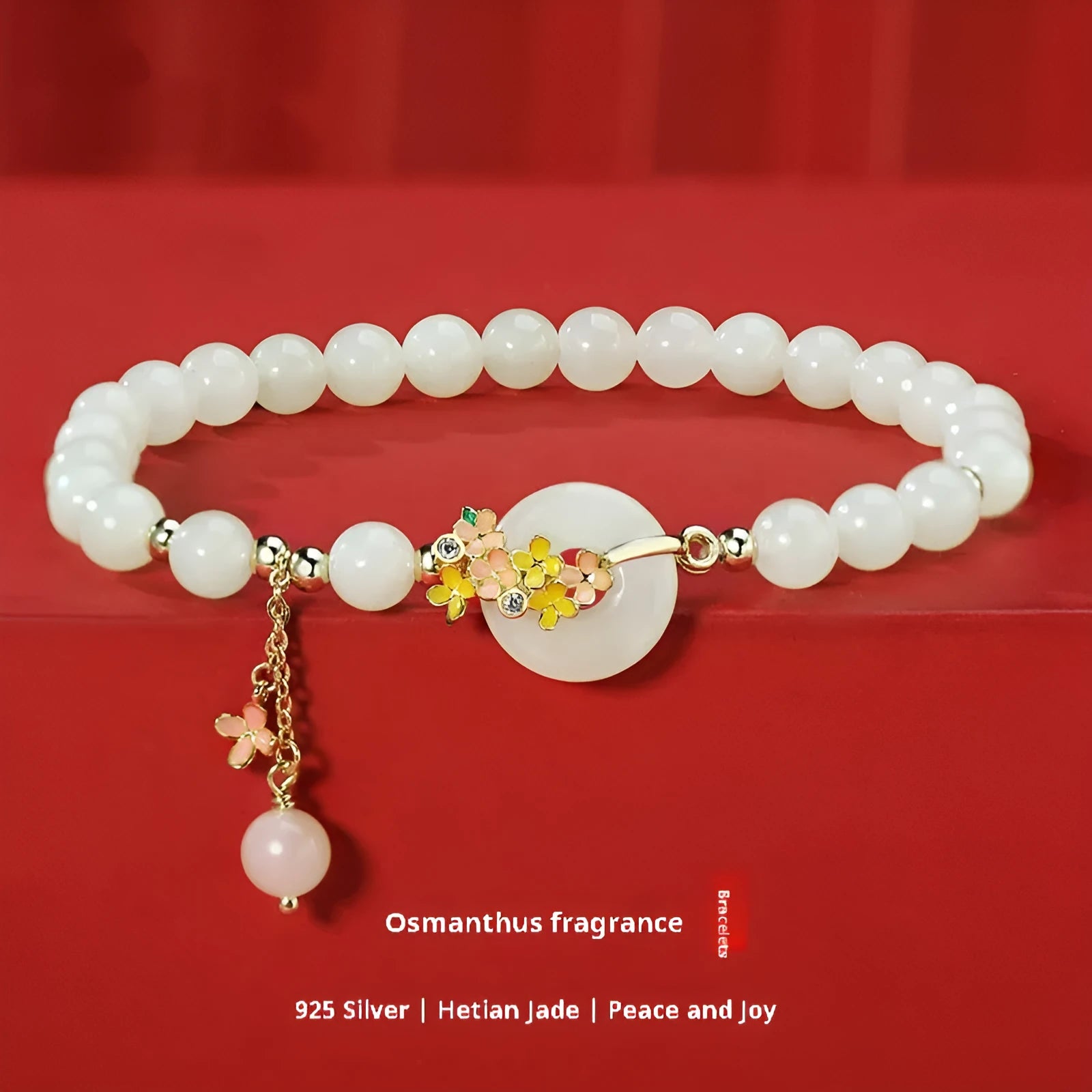 Osmanthus style bracelet with 6mm natural Hetian jade bead and S925 sterling silver buckle