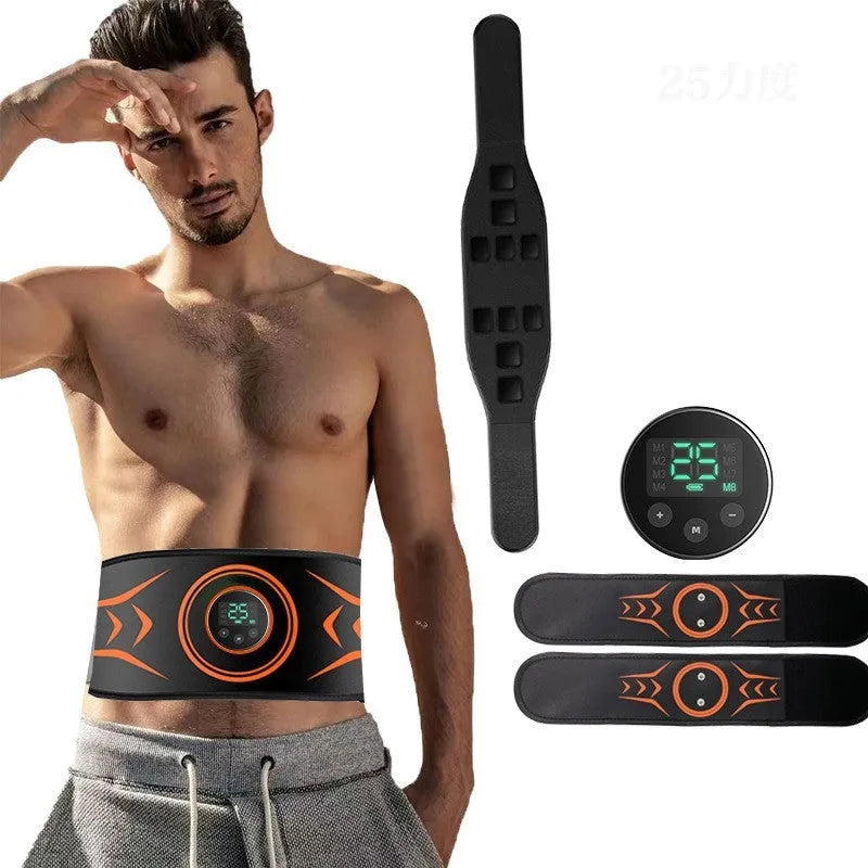 EMS massage belt with abdominal stickers and rechargeable host unit for muscle strengthening