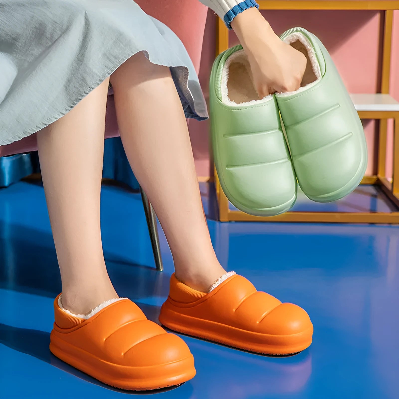 Green waterproof EVA cotton slipper with plush lining, flat sole, and hollow slip-on design.